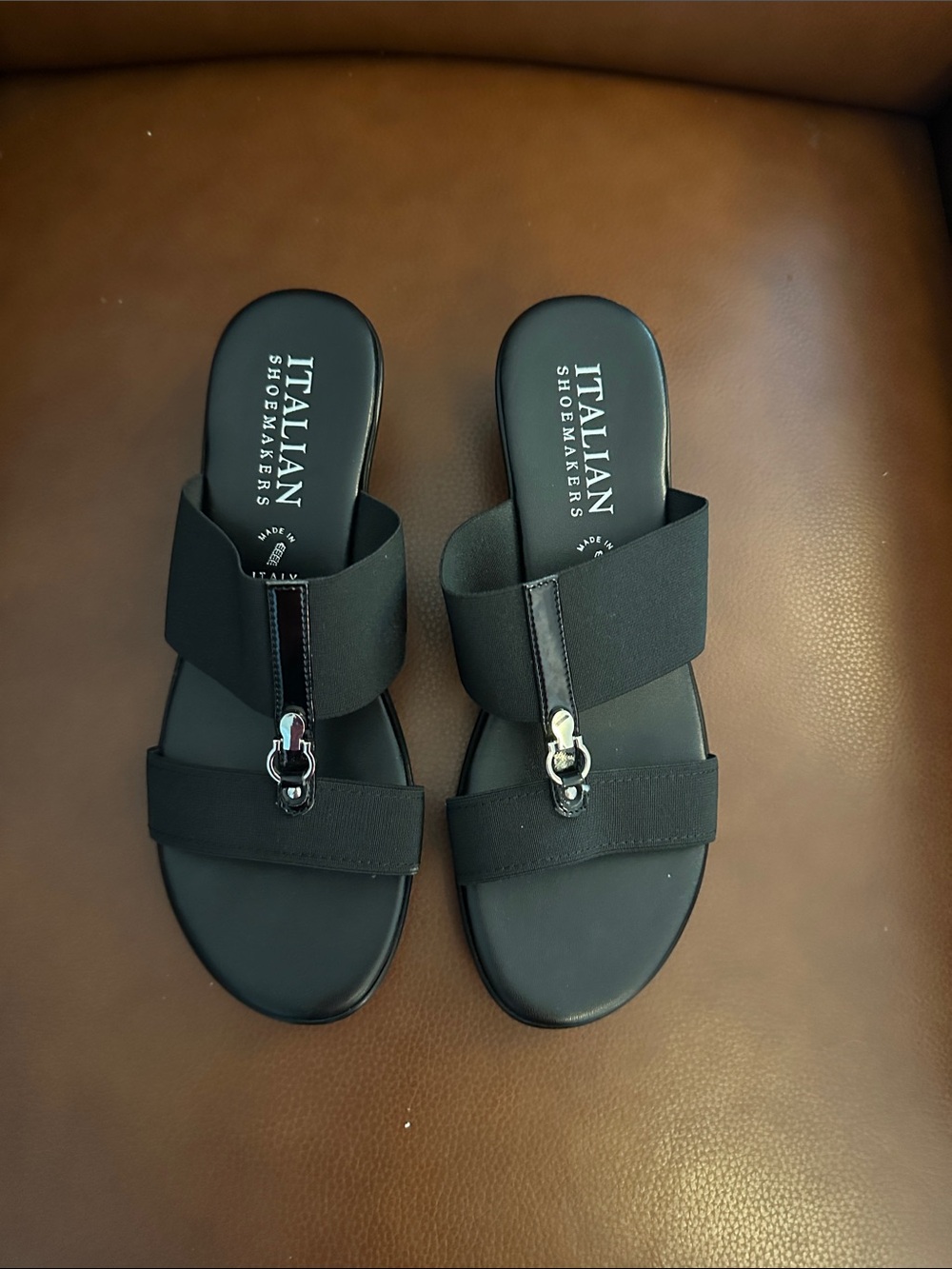 Italian Shoemakers Black Elastic Slide Mules with Silver Accent-Never been worn